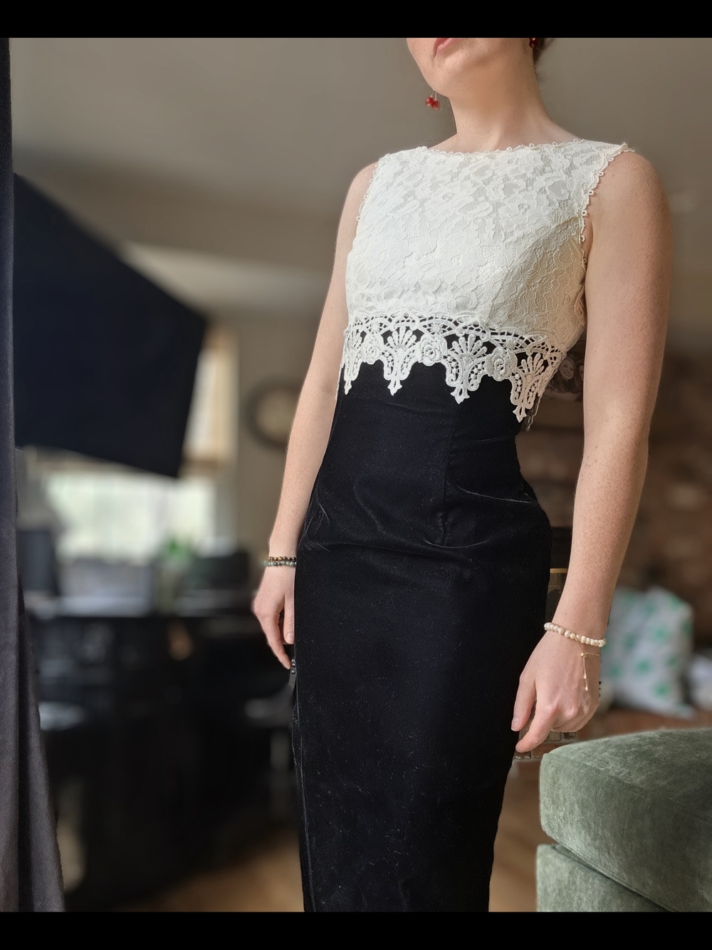 Vintage Scott McClintock Black velvet Maxi Formal Dress with White Lace Top